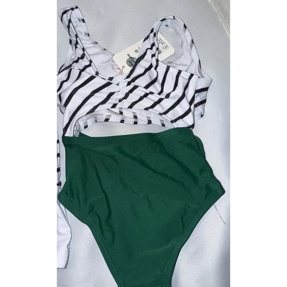 NWT Pat Pat Toddler Green Striped Print One Piece Bathing Suit (Size 2Y,)‎
